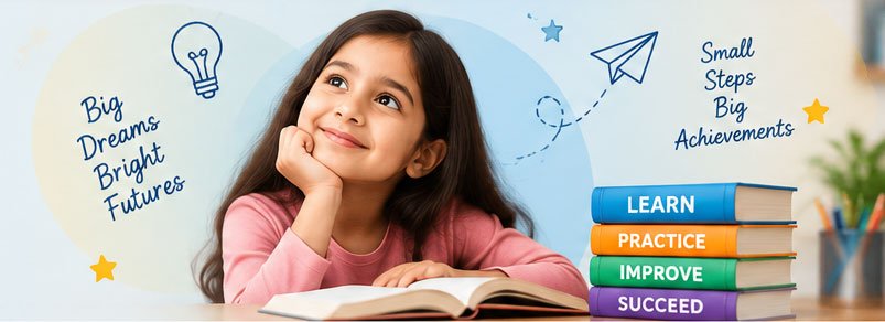 About Learning Booster Publications Young student reading a book with Learn, Practice, Improve and Succeed learning steps