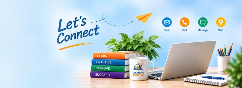 Learning Booster Contact Us Learning Booster Contact Us illustration with books, laptop and contact options
