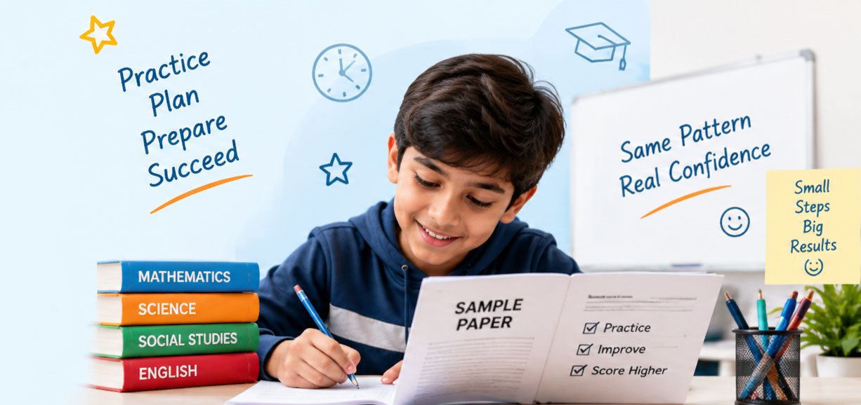 Student practising with a sample paper alongside Mathematics, Science, Social Studies and English books