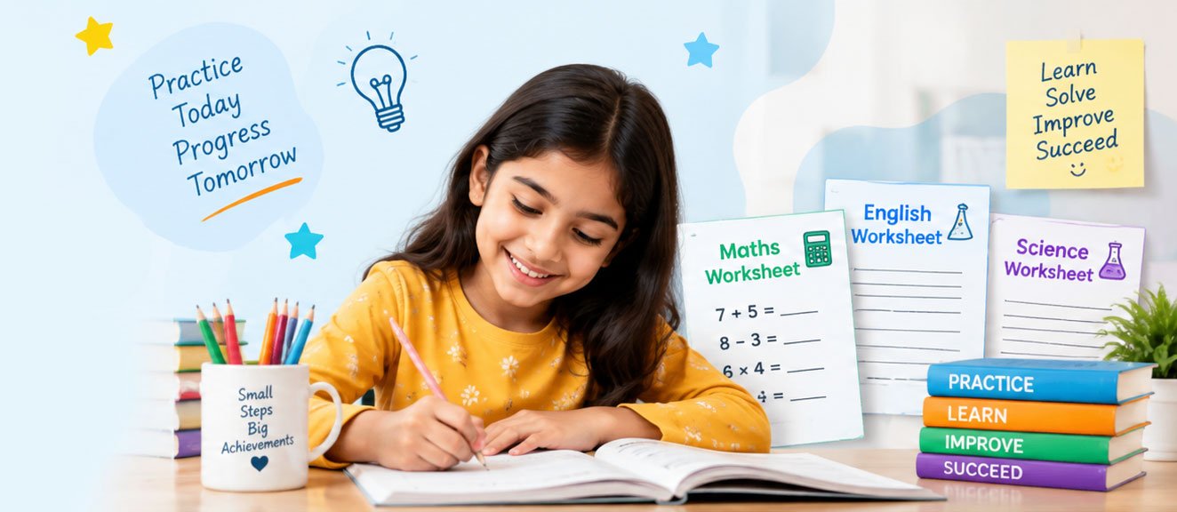 Student completing educational worksheets for Maths, English and Science